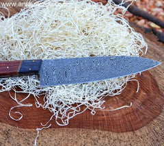 Hand-forged Damascus Chef Knife with Rosewood Handle and Leather Sheath in Handmade Ash Wood Gift Box.