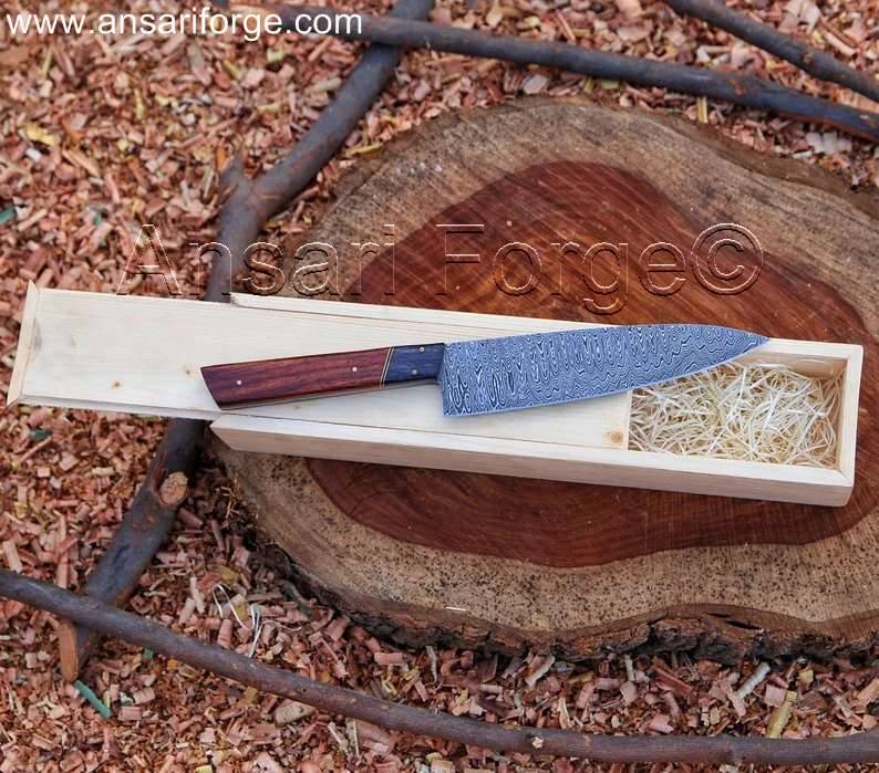 Hand-forged Damascus Chef Knife with Rosewood Handle and Leather Sheath in Handmade Ash Wood Gift Box.