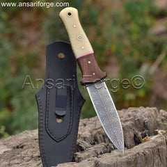 Handmade Damascus Steel Boot Knife With Bone Handle & Leather Sheath, Best Damascus Knife For Hunting, Camping & Outdoors.