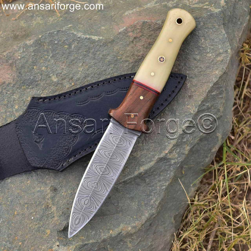 Boot Knife by Ansari Forge with Damascus Steel Blade and leather sheath.