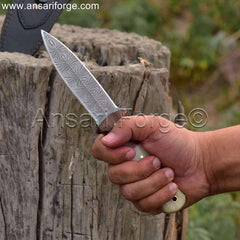 Custom Damascus Boot Knife with Walnut Wood Bolsters and Dual Edge Blade.
