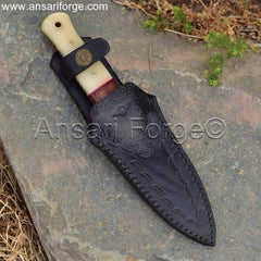 Full Tang Damascus Steel Boot Knife with Genuine Cowhide Leather Sheath Best Dagger blade for hunting, camping & outdoors.