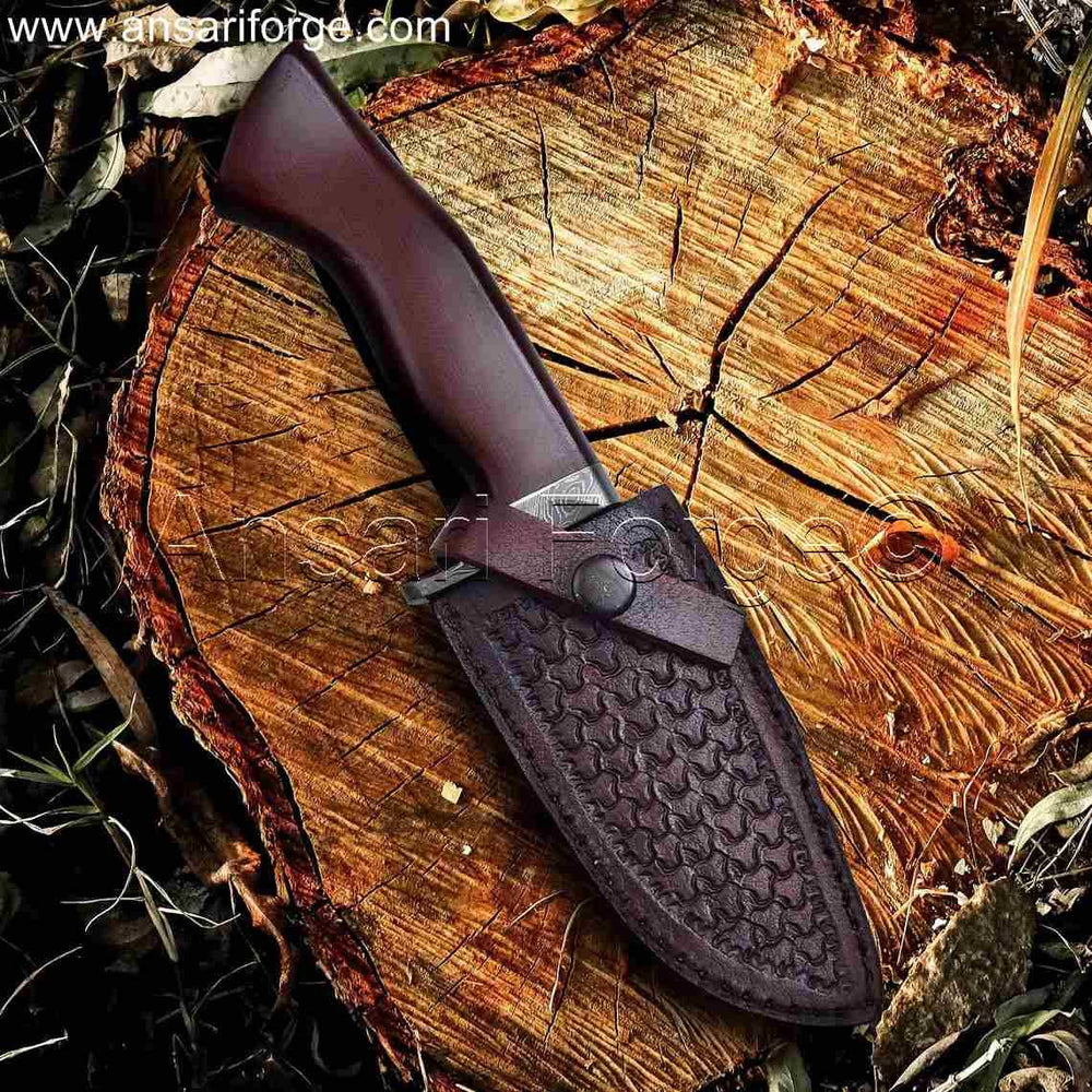 Damascus Hunting Knife with mosaic Damascus drop point blade and Genuine Leather Sheath.