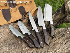 "Hōchō Setto, a professional chef's knife set with five knives and a leather roll bag."