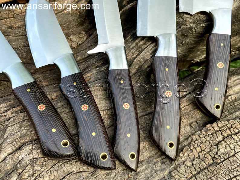 Wenge Wood Handles on Chef Knife – Detailed view of the Wenge (Ebony wood) handle of the chef knife, showing its ergonomic design and full tang construction.