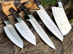 "Hōchō Setto, a professional chef's knife set with five knives and a leather roll bag."