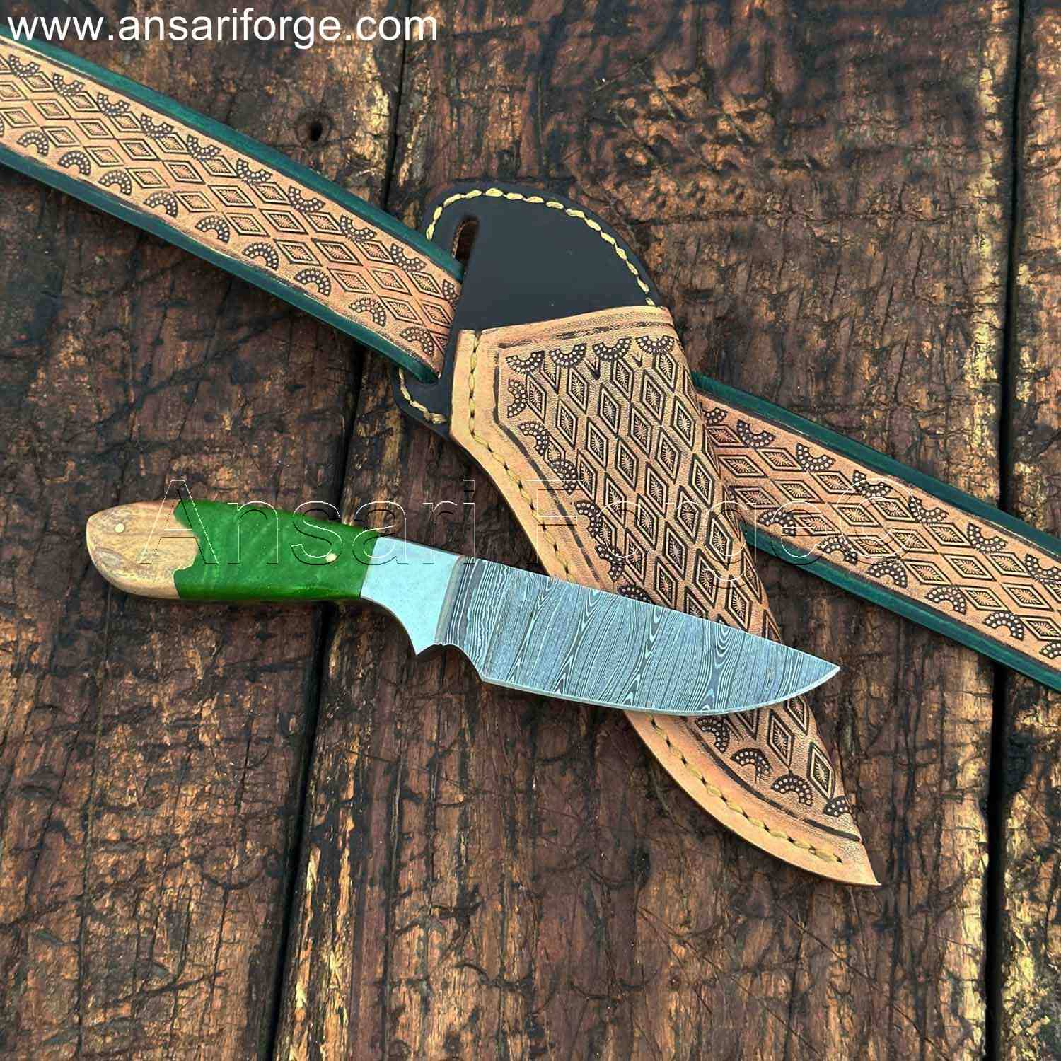 Western-style Damascus Cowboy belt Knife with hand-tooled leather sheath and belt.