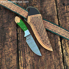 Handmade Damascus Cowboy Belt Knife And Leather Sheath Set.