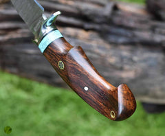 Damascus knife for deer hunting 10 inch fix blade knives walnut handle , leather sheath
