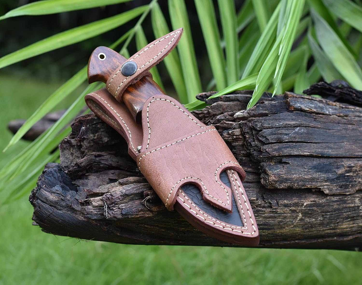 Damascus knife for deer hunting 10 inch fix blade knives walnut handle , leather sheath