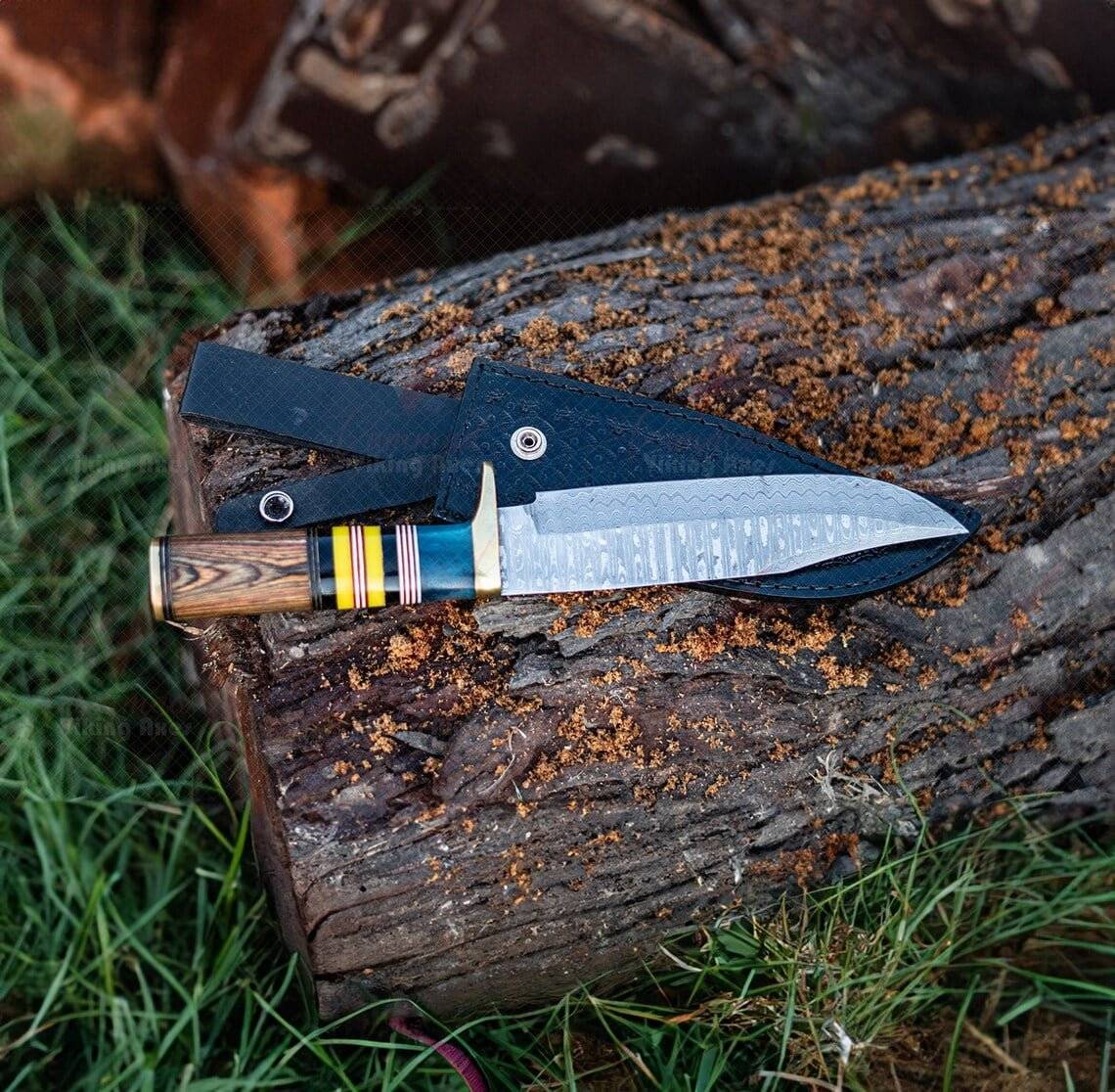 Handmade Damascus Hunting Knife with Sheath, 13" Full Tang Knife Fixed Blade Camping Knife, 7" Large Blade Bushcraft Knife Survival Knife with Rosewood Handle, Outdoor Gifts