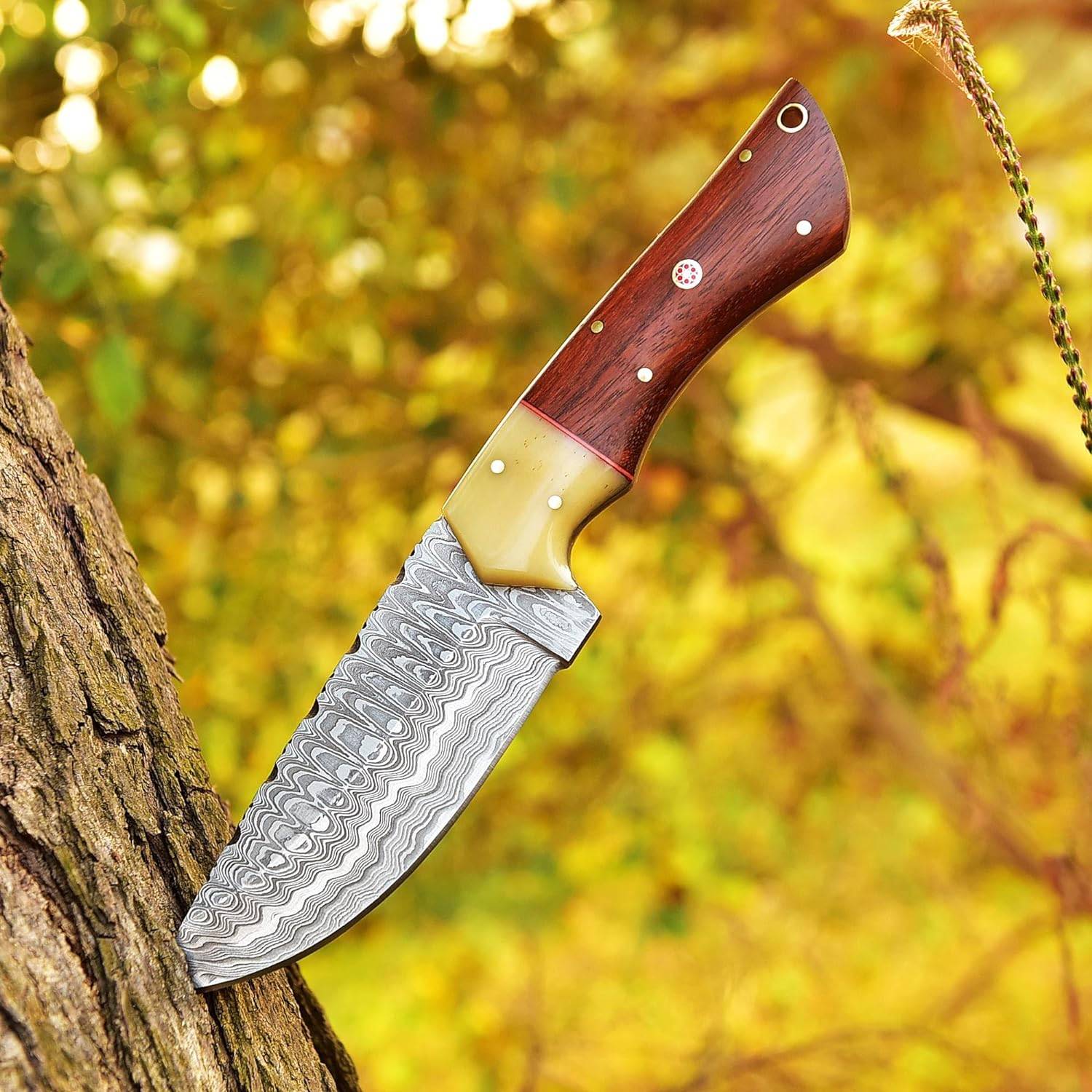 Damascus Knives Custom Handmade Hunting Knife- Best Damascus Steel Blade Skinning Knife- Fixed Blade Hunting Knife With Sheath Belt Loop