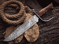 Damascus Bowie knife 15 inches long wood handle and leather sheath