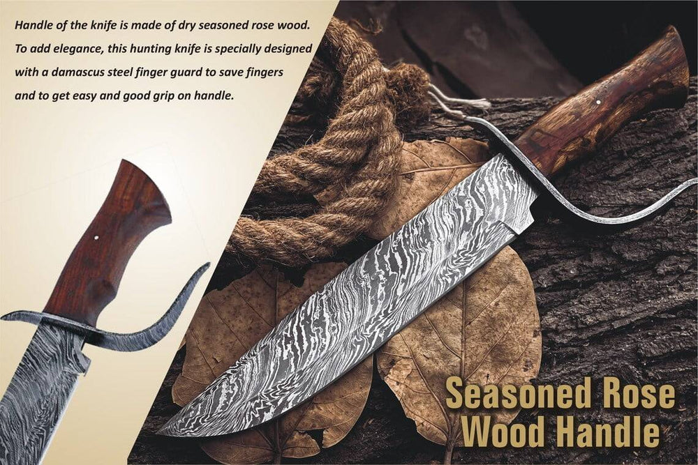 Damascus Bowie knife 15 inches long wood handle and leather sheath