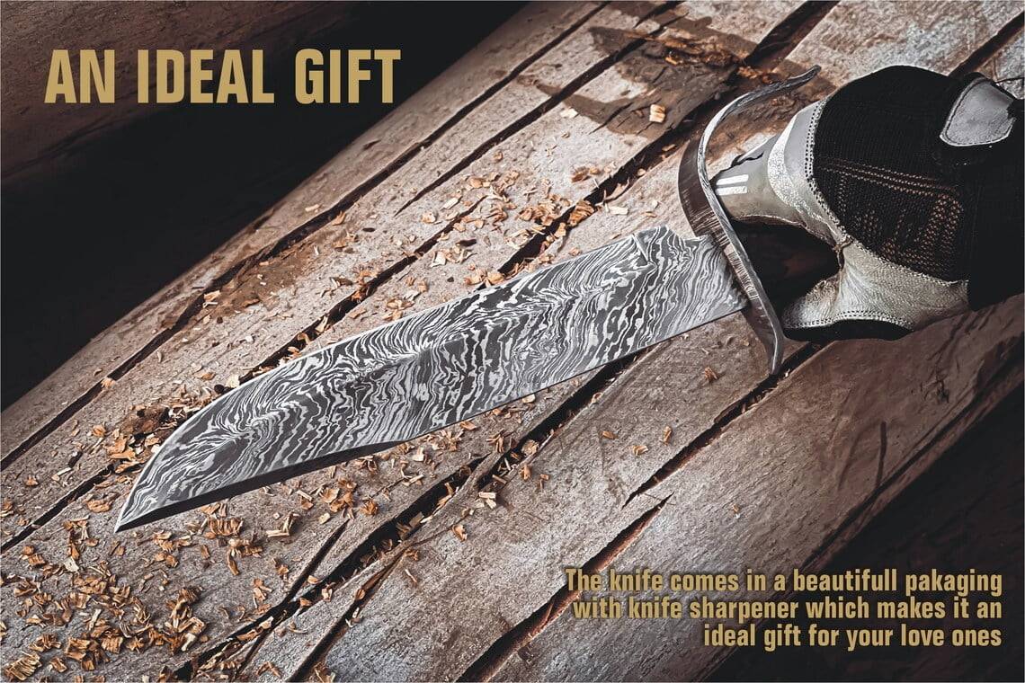 Damascus Bowie knife 15 inches long wood handle and leather sheath