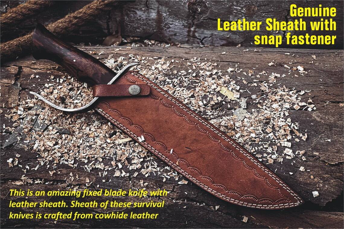 Damascus Bowie knife 15 inches long wood handle and leather sheath
