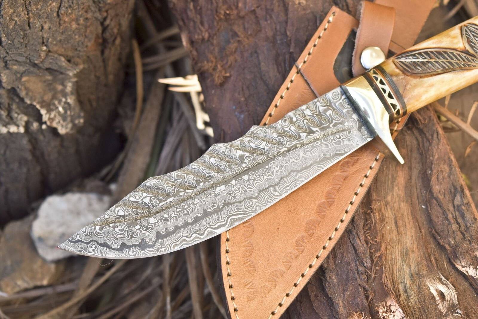 Damascus Bowie Knife real hand forged raindrop Damascus knife for hunting with sheath
