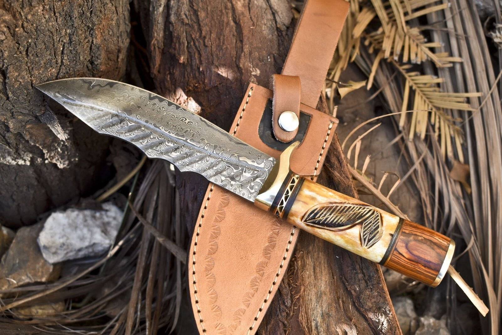 Damascus Bowie Knife real hand forged raindrop Damascus knife for hunting with sheath