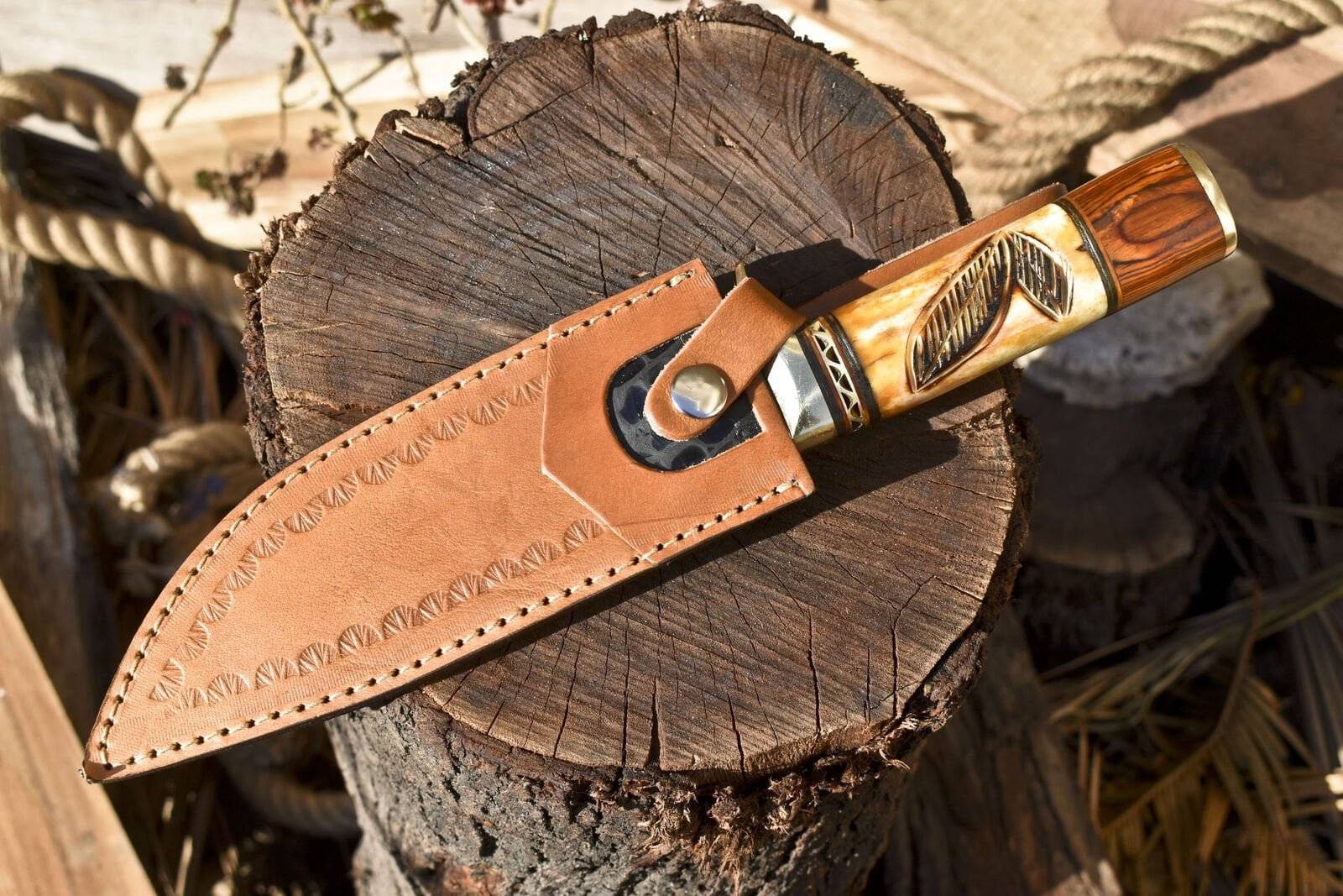 Damascus Bowie Knife real hand forge raindrop Damascus knife for hunting with sheath