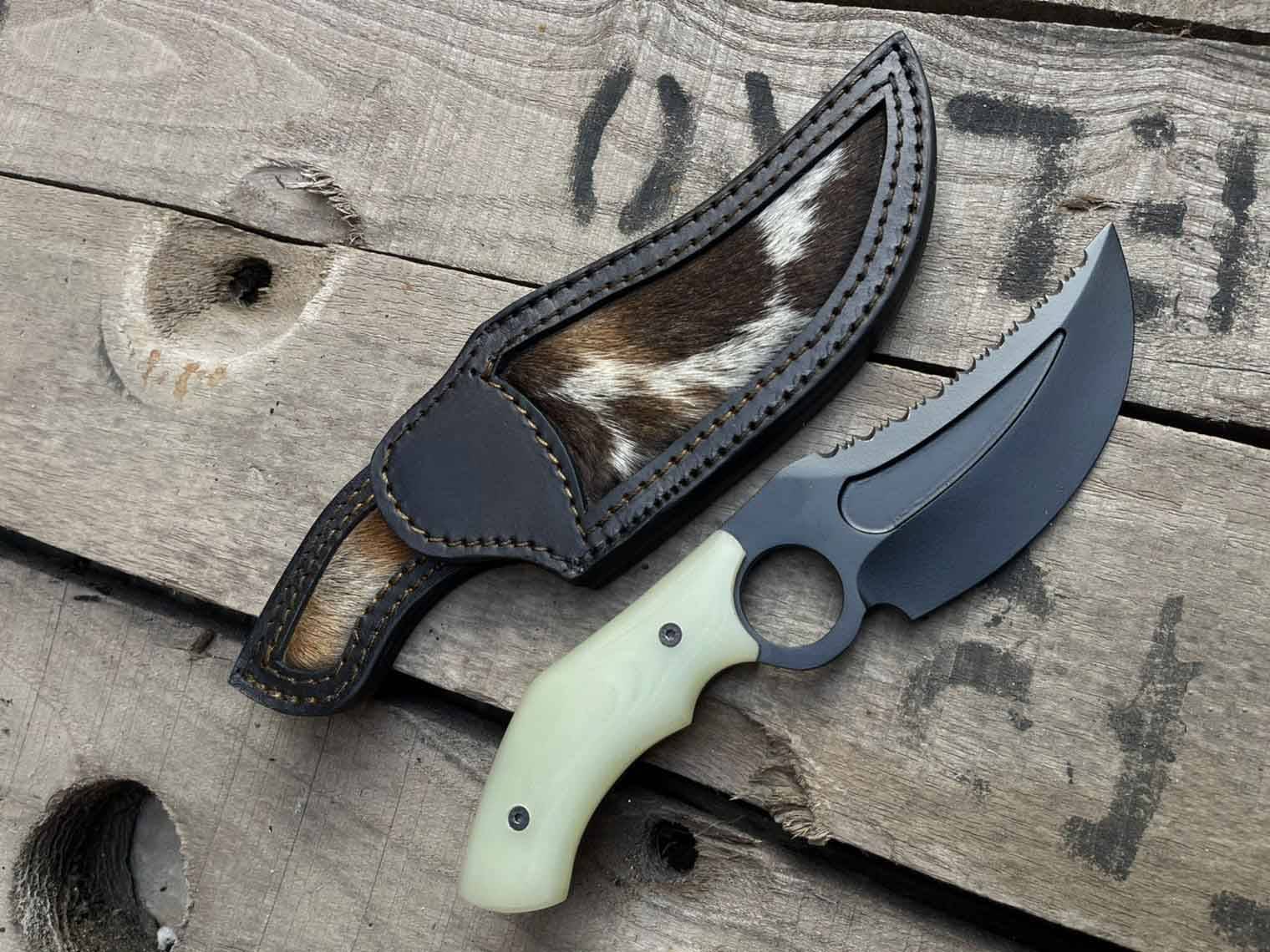 Black bear fixed blade custom hunting skinning knife with sheath