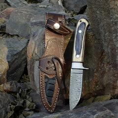 Damascus Fixed Blade Hunting Knife 600 Layers Twist With Leather Sheath