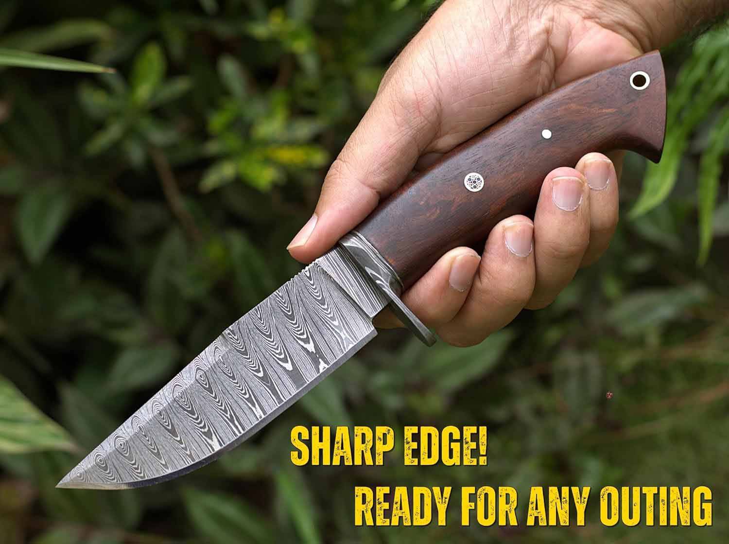 Handmade Damascus Hunting Knife with Scout Horizontal Carry Leather Sheath - EDC Bushcraft Full Tang Fixed Blade for Camping, Hiking, Skinning
