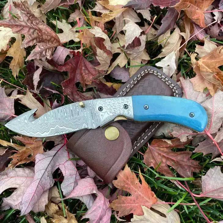 Folding Gut Hook Knife Damascus Steel Blade Bone Handle