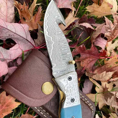 Folding Gut Hook Knife Damascus Steel Blade Bone Handle