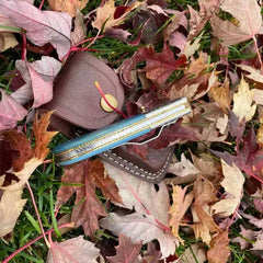 Folding Gut Hook Knife Damascus Steel Blade Bone Handle