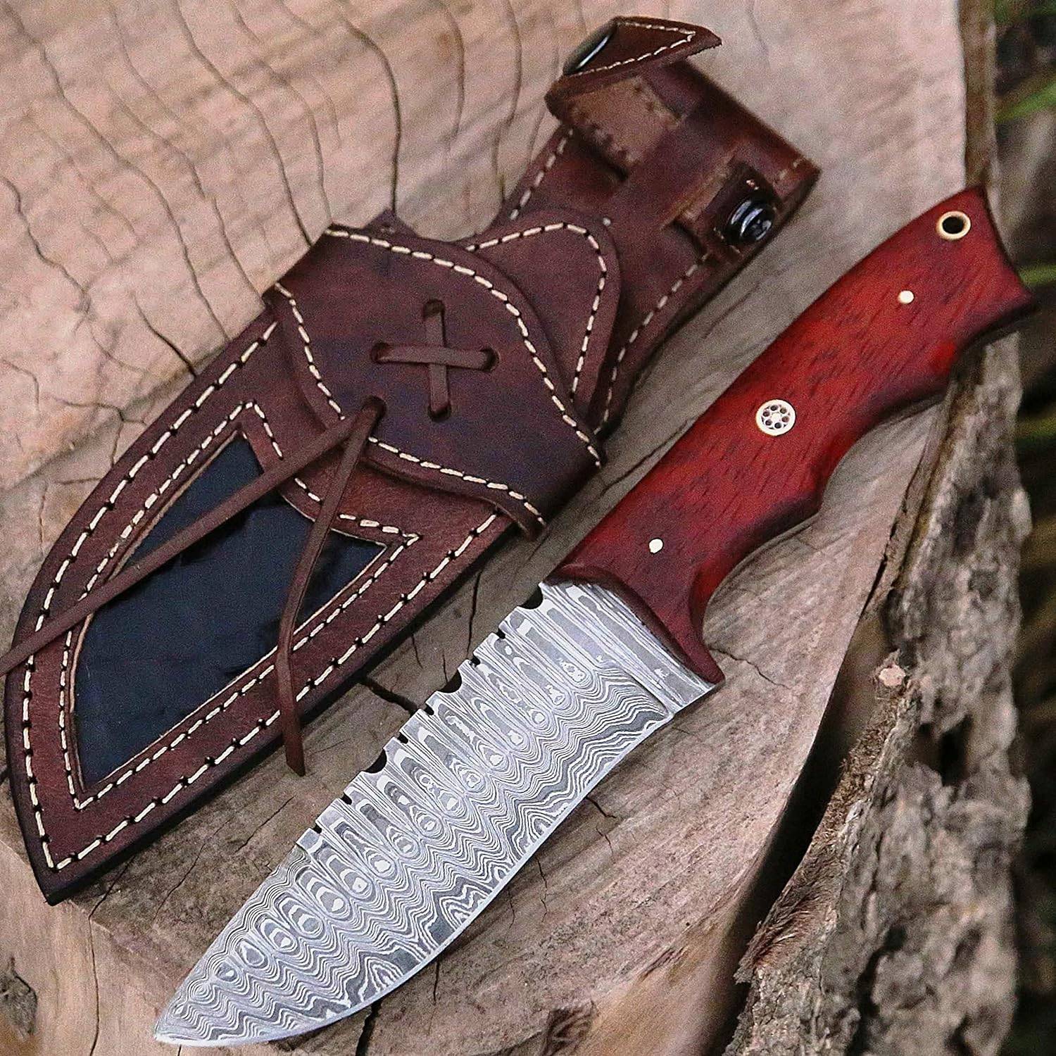 Custom Handmade Damascus Steel Hunting Knife With Leather Sheath
