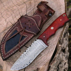 Custom Handmade Damascus Steel Hunting Knife With Leather Sheath