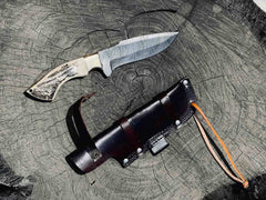 Damascus Hunting Knife 9 Inches Stag Antler Handle With Sheath