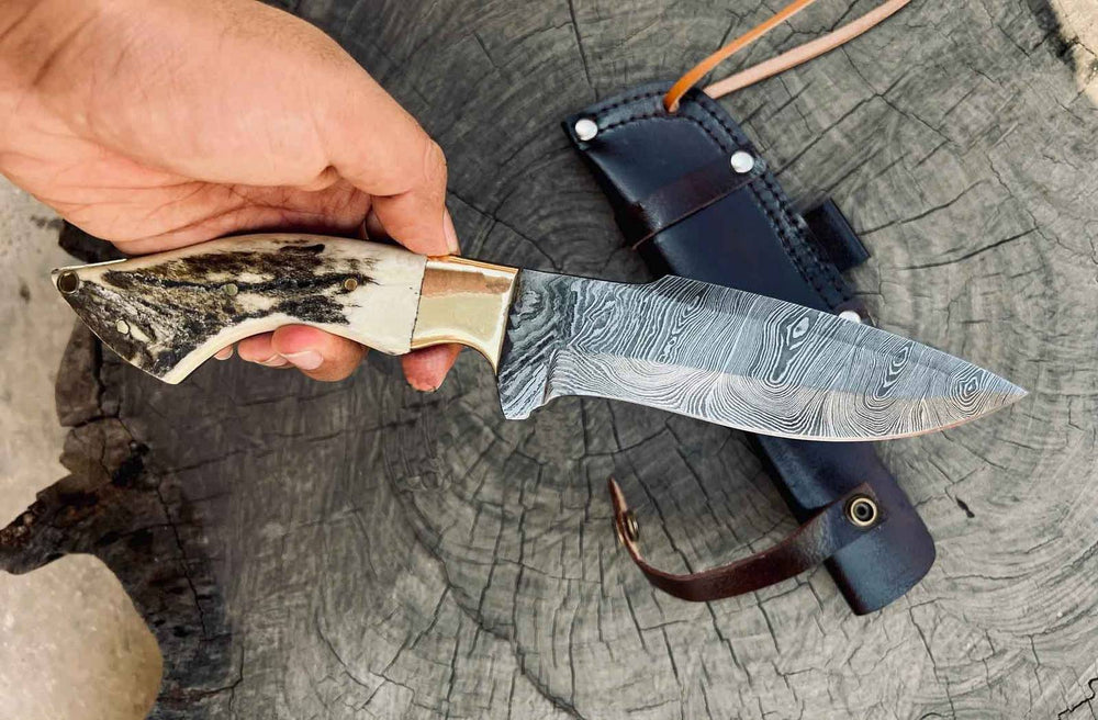 Damascus Hunting Knife 9 Inches Stag Antler Handle With Sheath