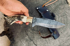 Damascus Hunting Knife 9 Inches Stag Antler Handle With Sheath