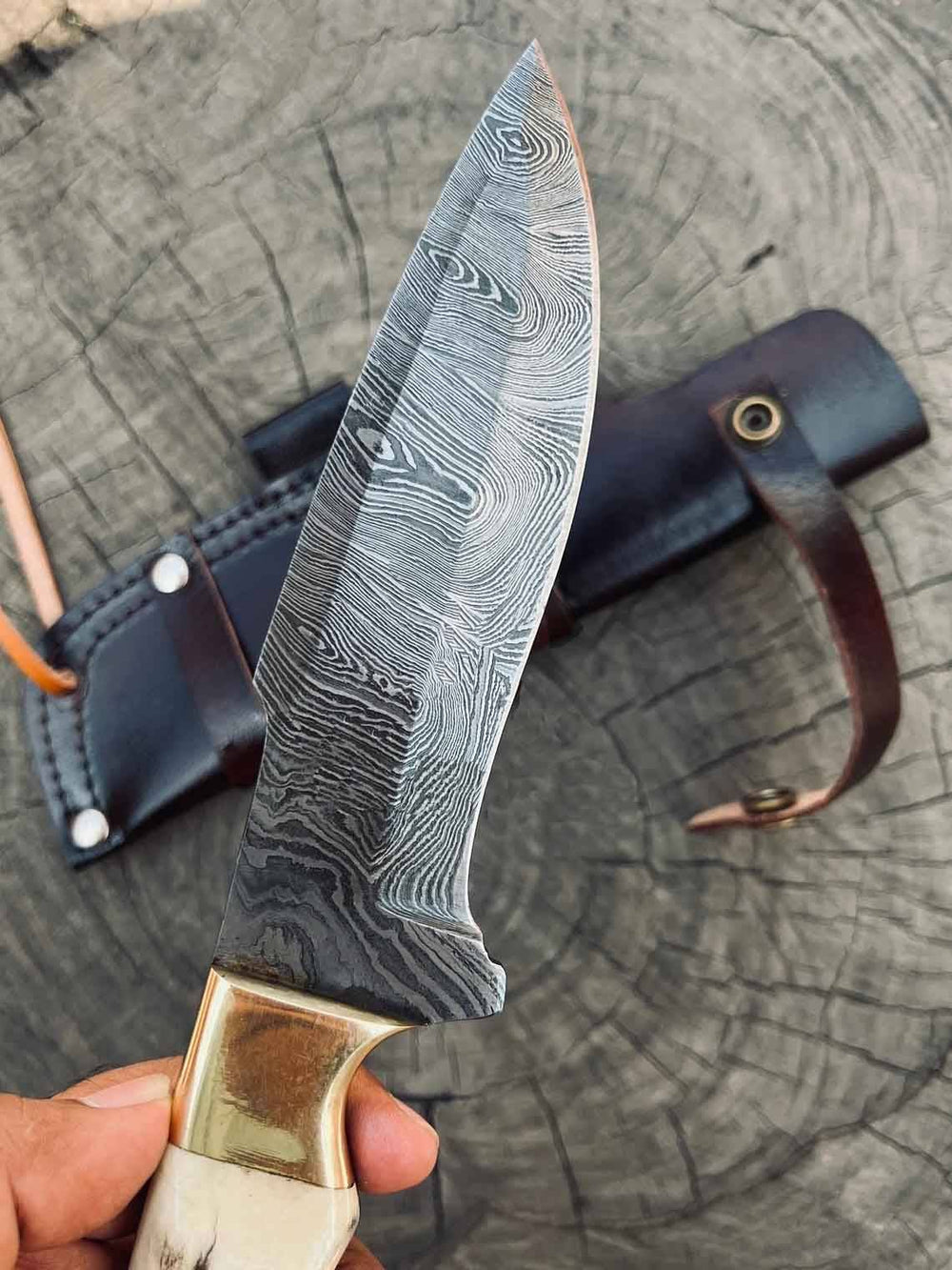 Damascus Hunting Knife 9 Inches Stag Antler Handle With Sheath