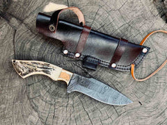 Damascus Hunting Knife 9 Inches Stag Antler Handle With Sheath