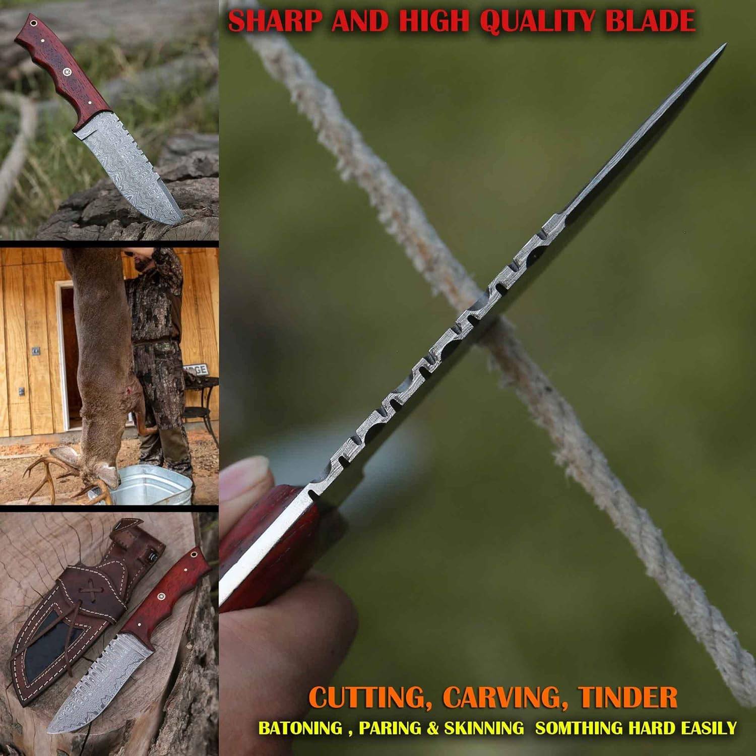 Custom Handmade Damascus Steel Hunting Knife With Leather Sheath