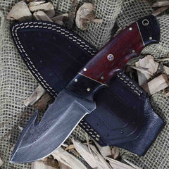 Custom Hunting Knife With Gut Hook And Leather Sheath