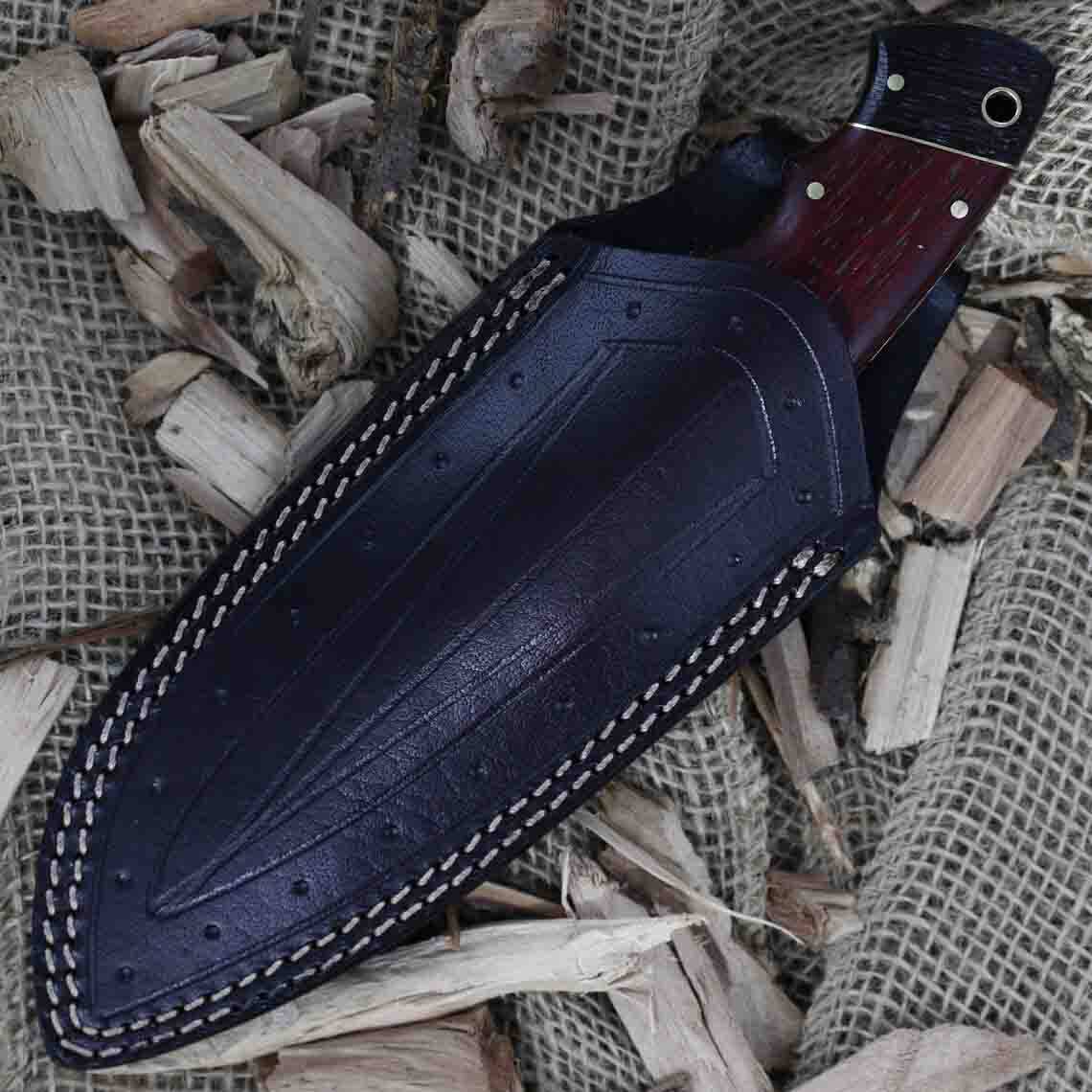 Custom Hunting Knife With Gut Hook And Leather Sheath