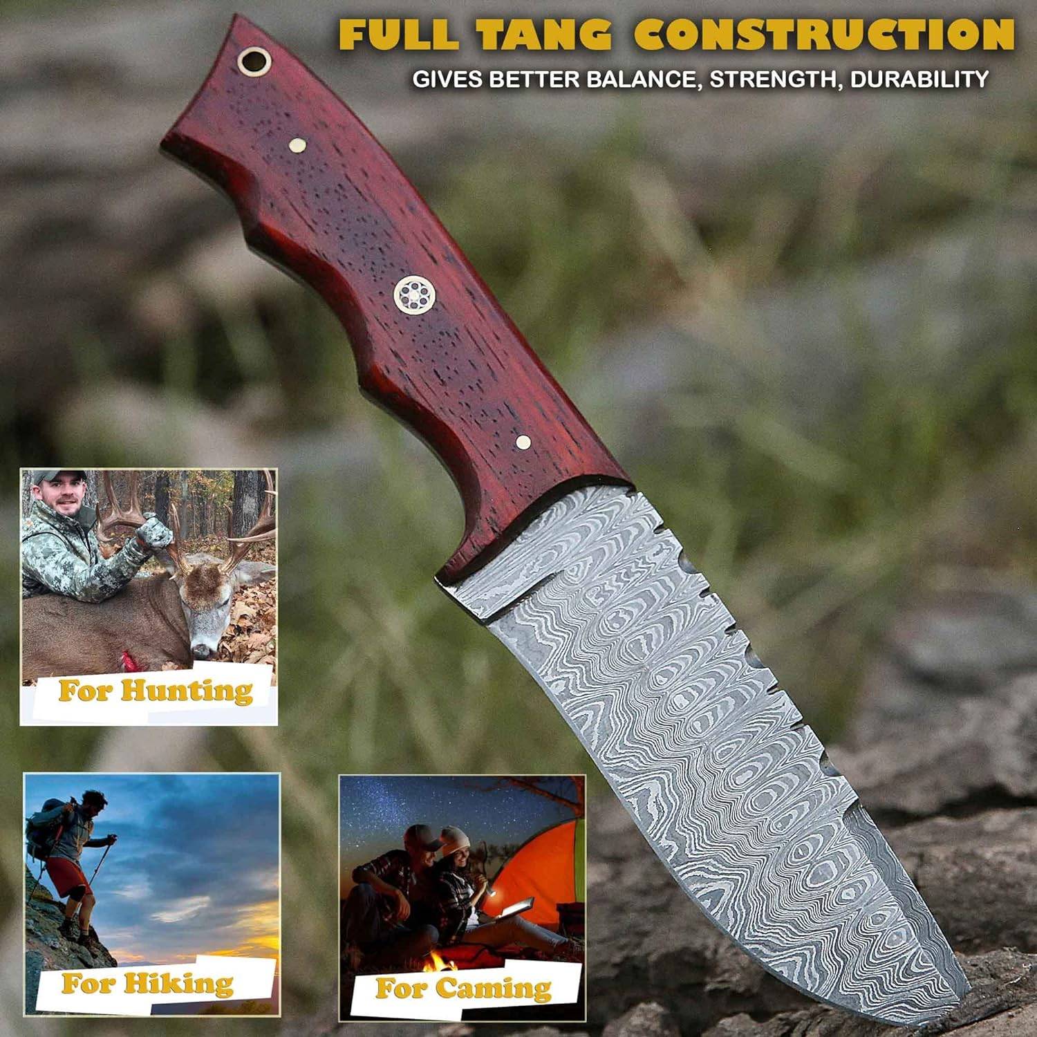 Custom Handmade Damascus Steel Hunting Knife With Leather Sheath
