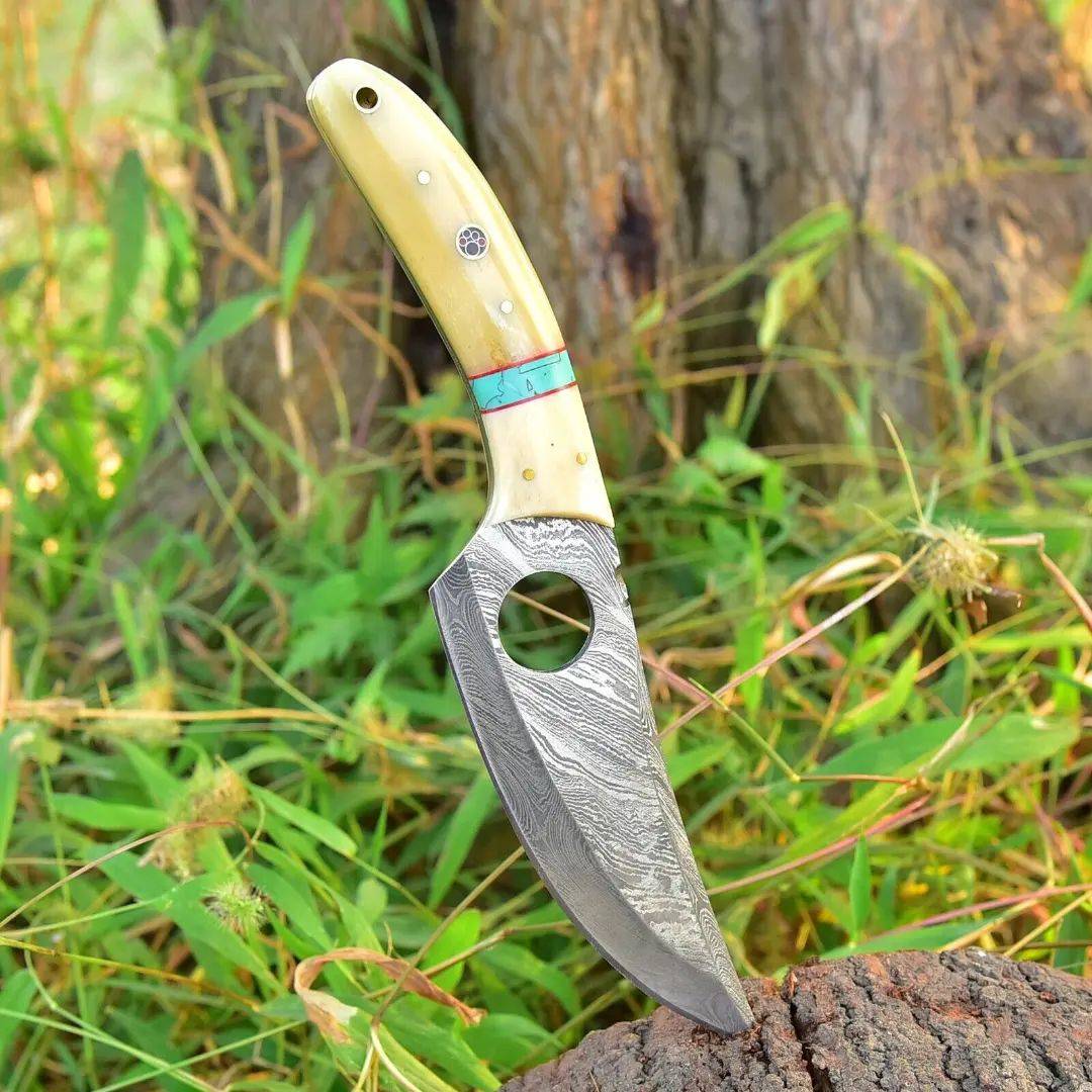 Hand Forged Damascus Hunting Knife - 9 Inches, Finger Hole, Bone Handle, Leather Sheath