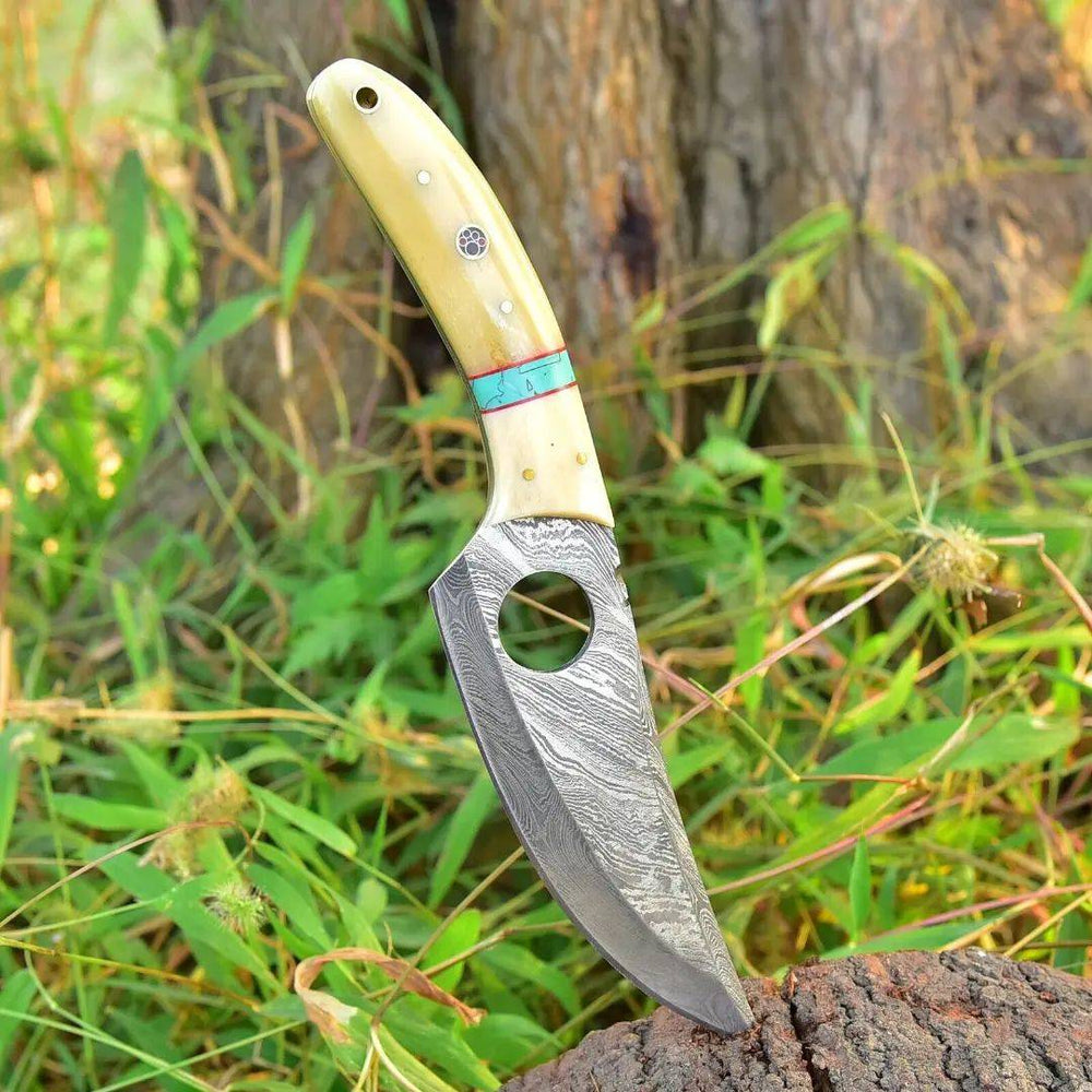 Hand Forged Damascus Hunting Knife - 9 Inches, Finger Hole, Bone Handle, Leather Sheath