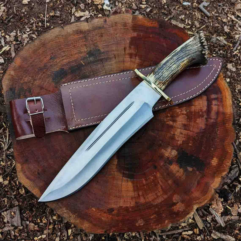Custom made Bowie knife with a genuine stag handle, perfect for collectors and enthusiasts