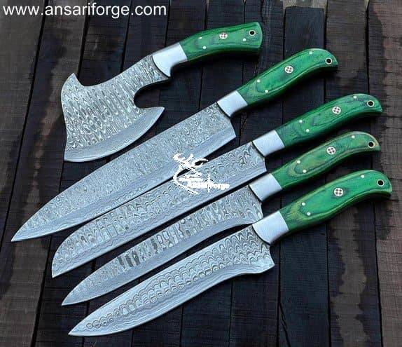 Damascus Kitchen Knife Set with 5 Hand-forged Blades & Leather Roll Bag