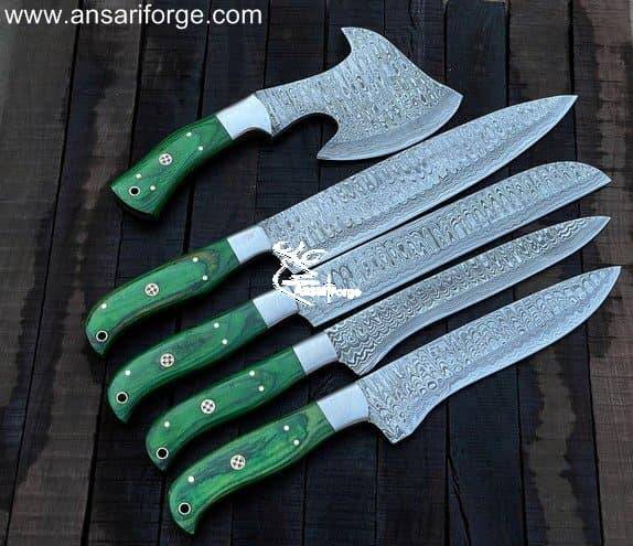 Damascus Kitchen Knife Set with 5 Hand-forged Blades & Leather Roll Bag