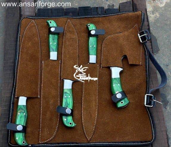 Damascus Kitchen Knife Set with 5 Hand-forged Blades & Leather Roll Bag