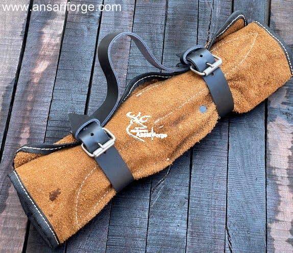 Damascus Kitchen Knife Set with 5 Hand-forged Blades & Leather Roll Bag