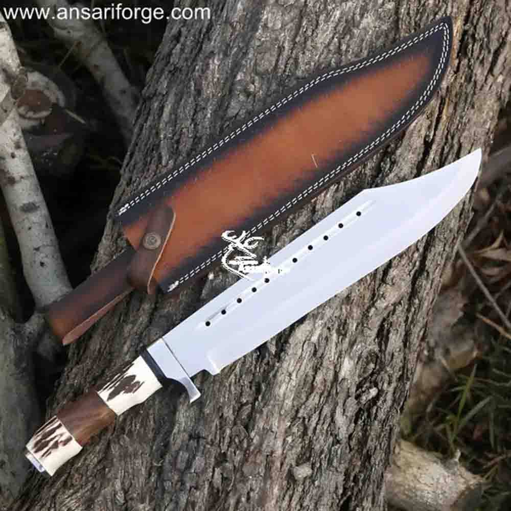 Ansari Forge Sekhmet 17" D2 Steel Fixed Blade Custom Bowie Knife with Stag Antler Handle & Leather Sheath