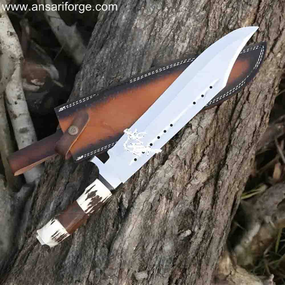 Ansari Forge Sekhmet 17" Stag Handle Custom Bowie Knife - Close-up of D2 steel blade