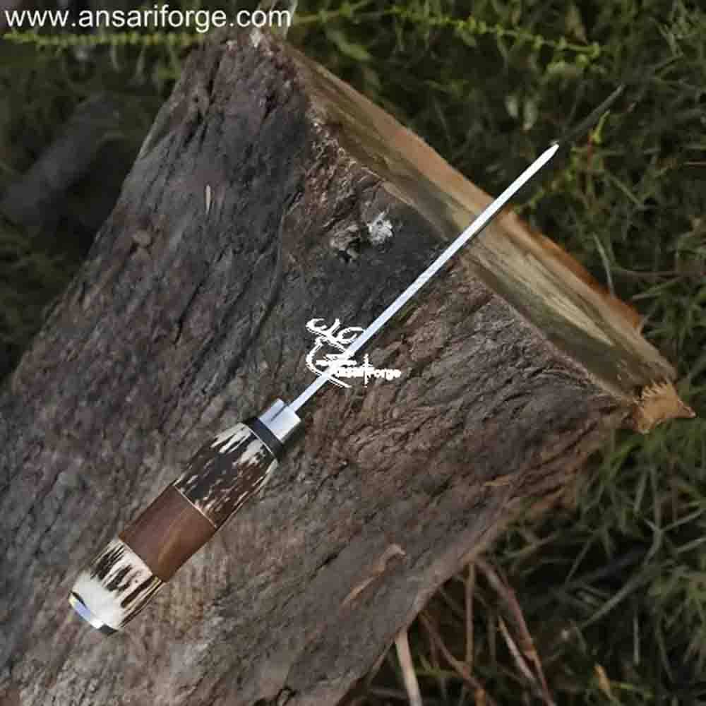 Ansari Forge Sekhmet 17" Custom Bowie Knife with stag handle - Leather sheath with belt loop